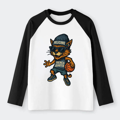 French Quarter Cat wearing Pelicans beanie with Mardi Gras patch and - Raglan Long Sleeve T-Shirt - Black