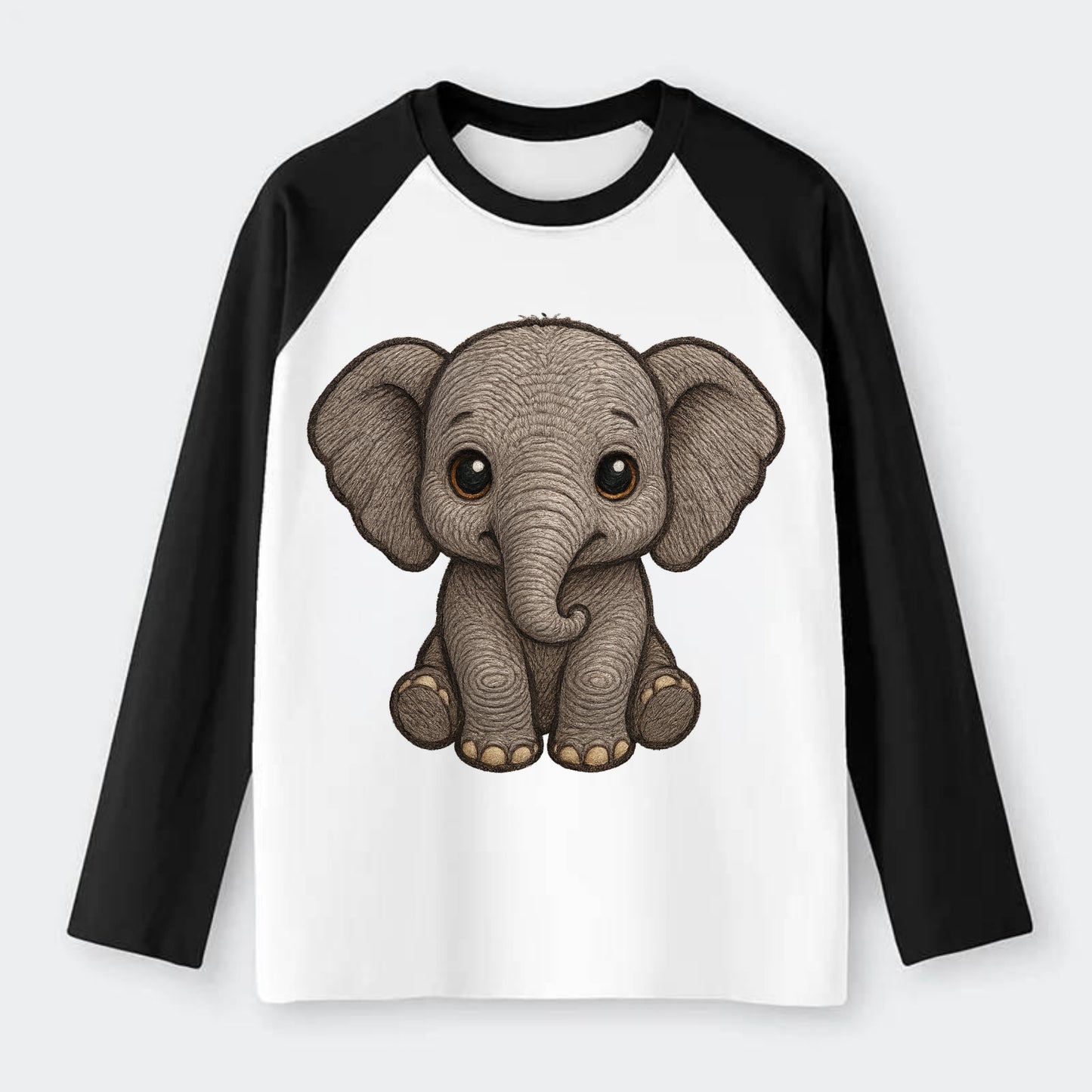 Baby Elephant - gray wrinkly, tiny trunk, large floppy ears, kind dark - Raglan Long Sleeve T-Shirt - Black
