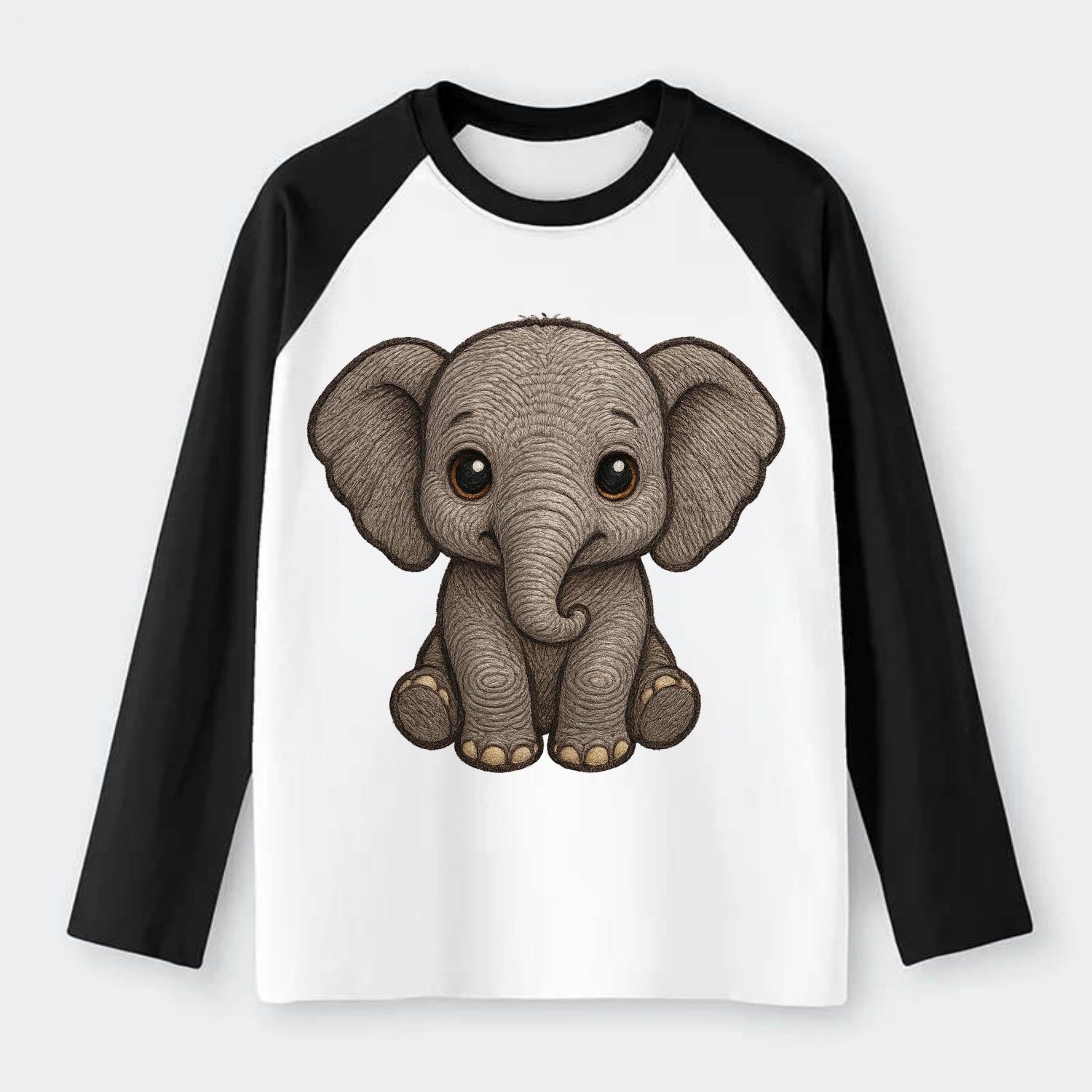 Baby Elephant - gray wrinkly, tiny trunk, large floppy ears, kind dark - Raglan Long Sleeve T-Shirt - Black