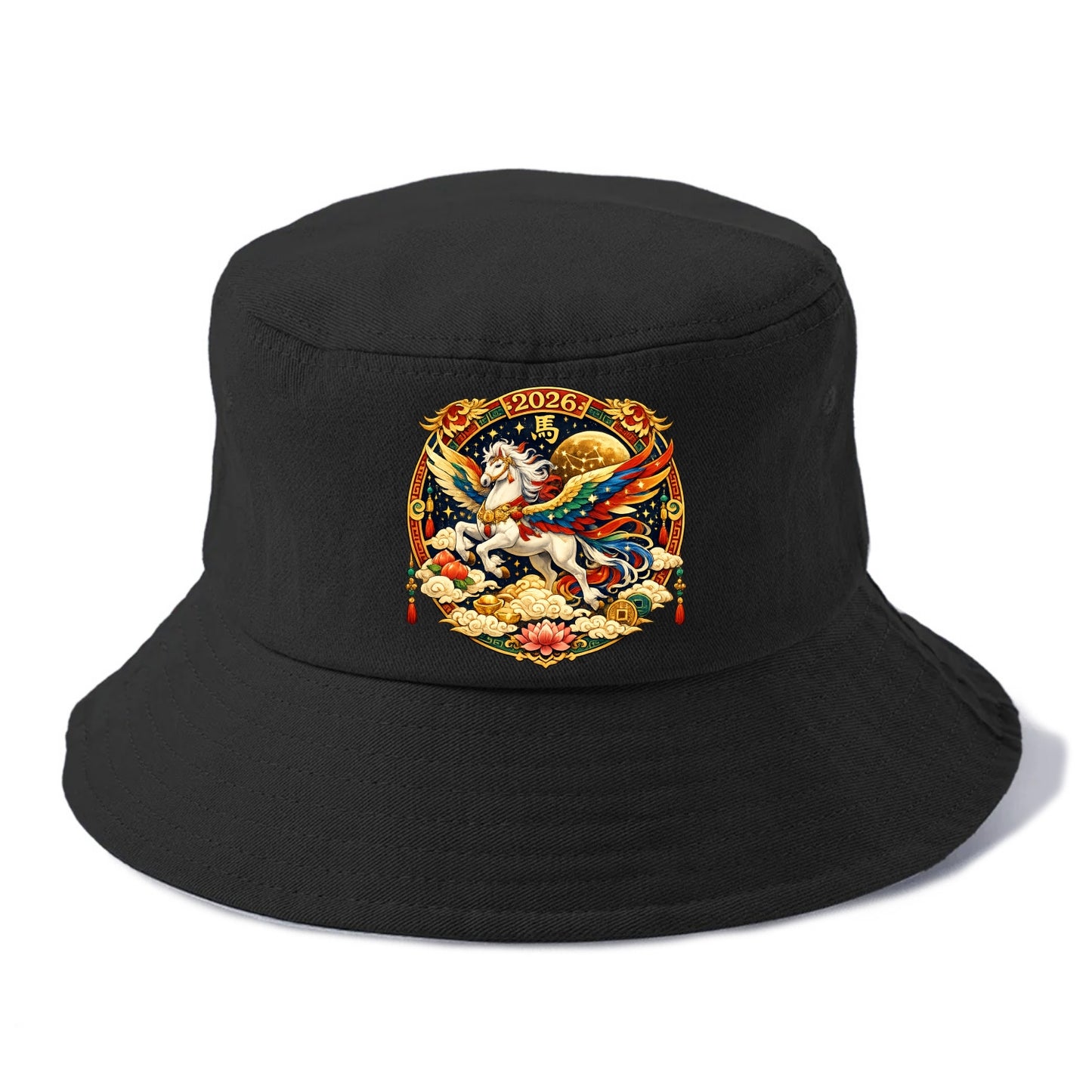 CELESTIAL HORSE | Heavenly horse among clouds and stars | Wings of flowing energy - Bucket Hat - Black