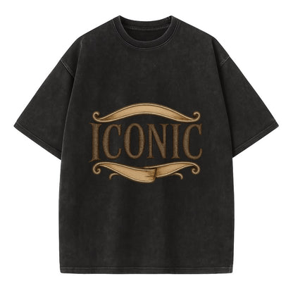 Bold typography design - "ICONIC" - instantly recognizable, trendsetter - Vintage T-shirt - Black