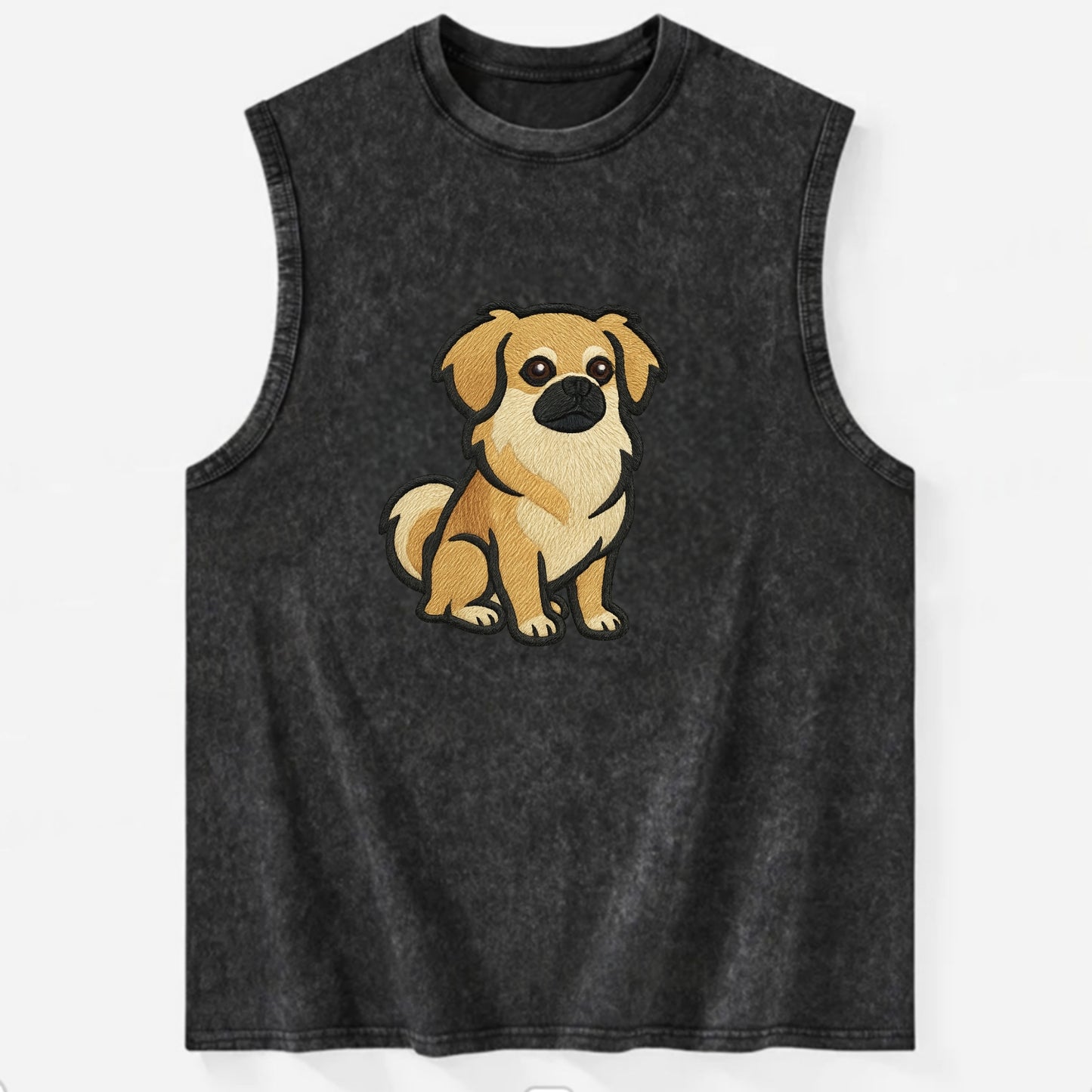 Tibetan Spaniel - Fawn small dog embroidered design - Vintage Washed Tank - Black
