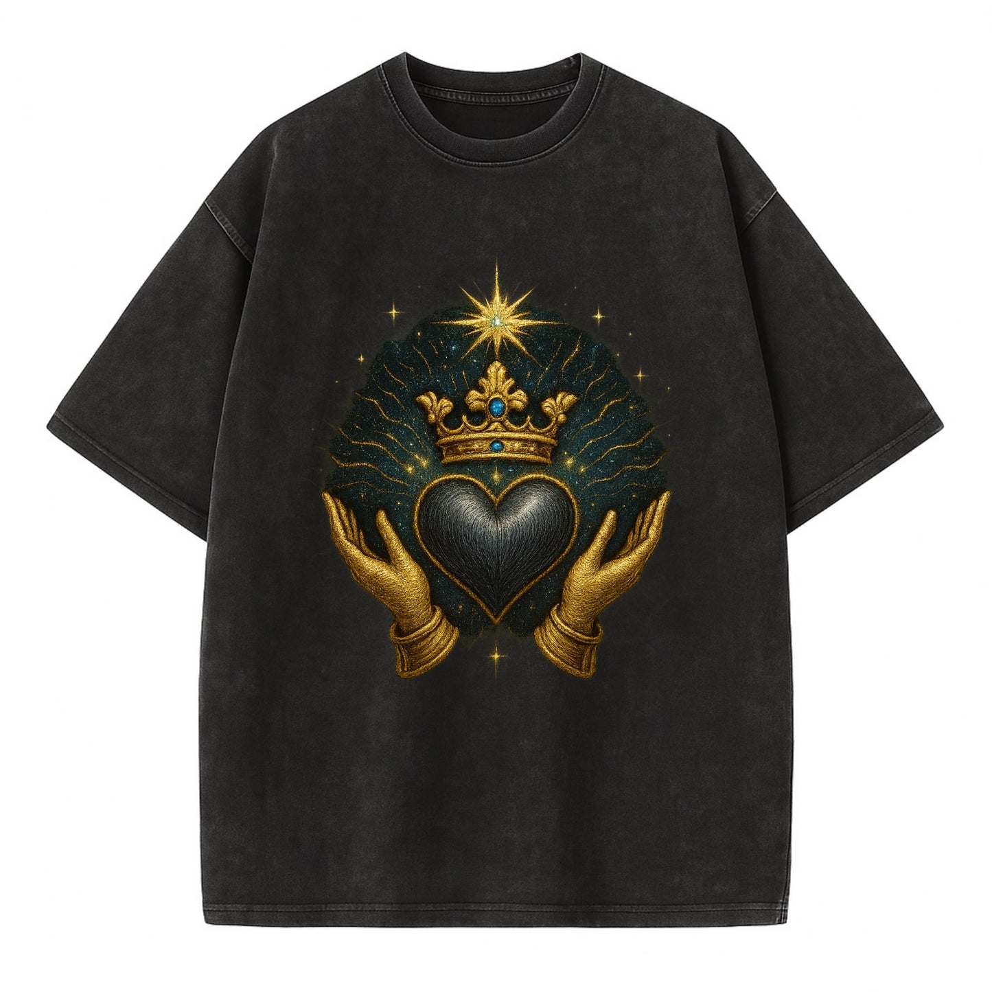 Pearl-studded tiara atop a satin-gunmetal heart supported by elegant opera-glove - Vintage T-shirt - Black
