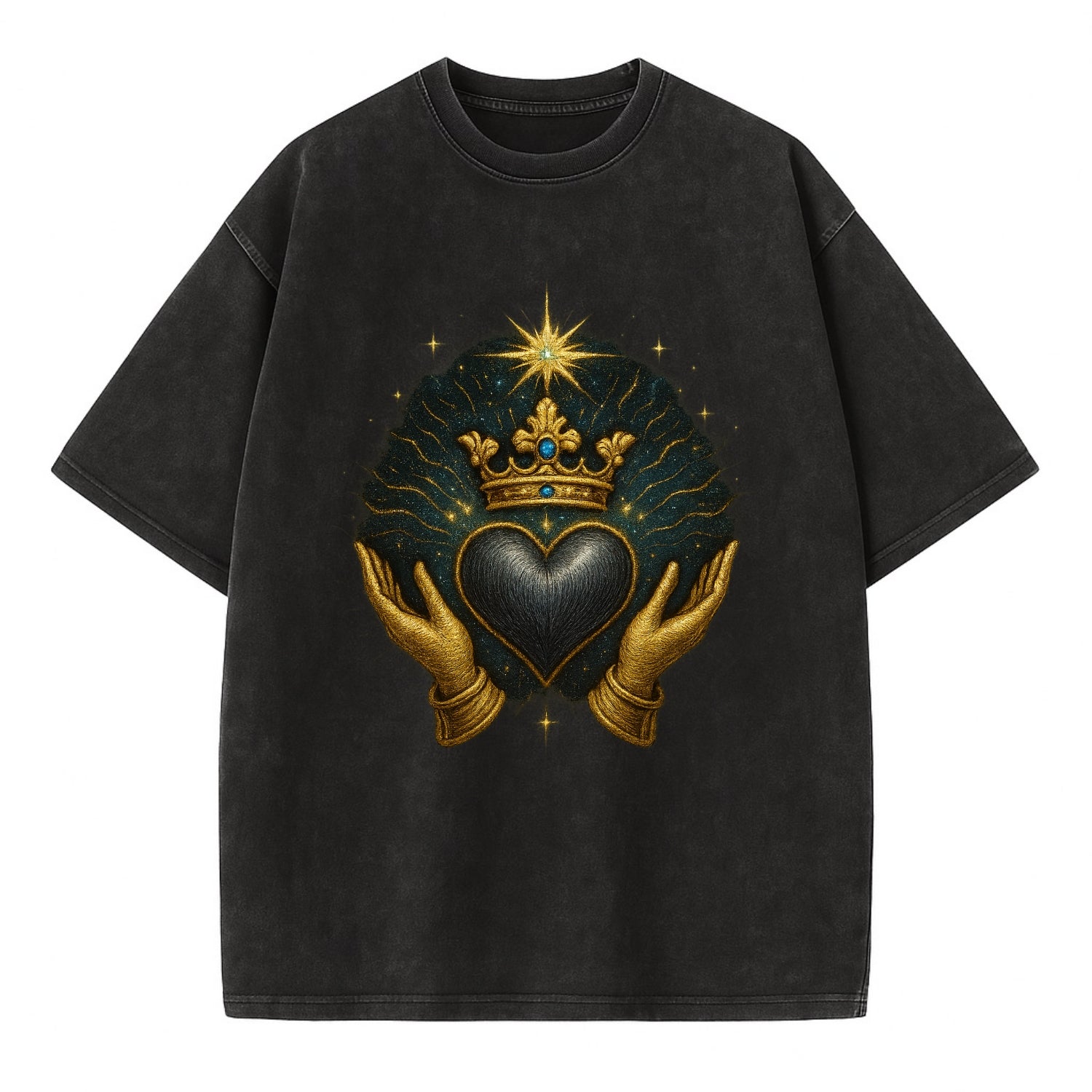 Pearl-studded tiara atop a satin-gunmetal heart supported by elegant opera-glove - Vintage T-shirt - Black