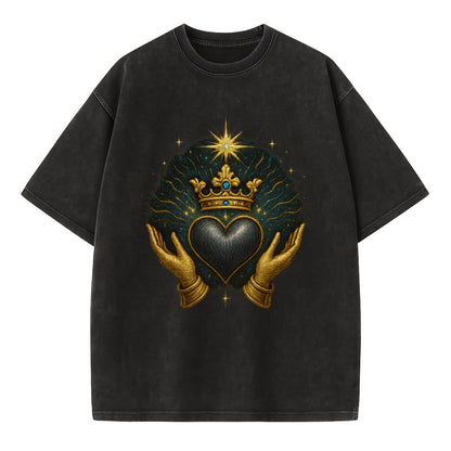 Pearl-studded tiara atop a satin-gunmetal heart supported by elegant opera-glove - Vintage T-shirt - Black