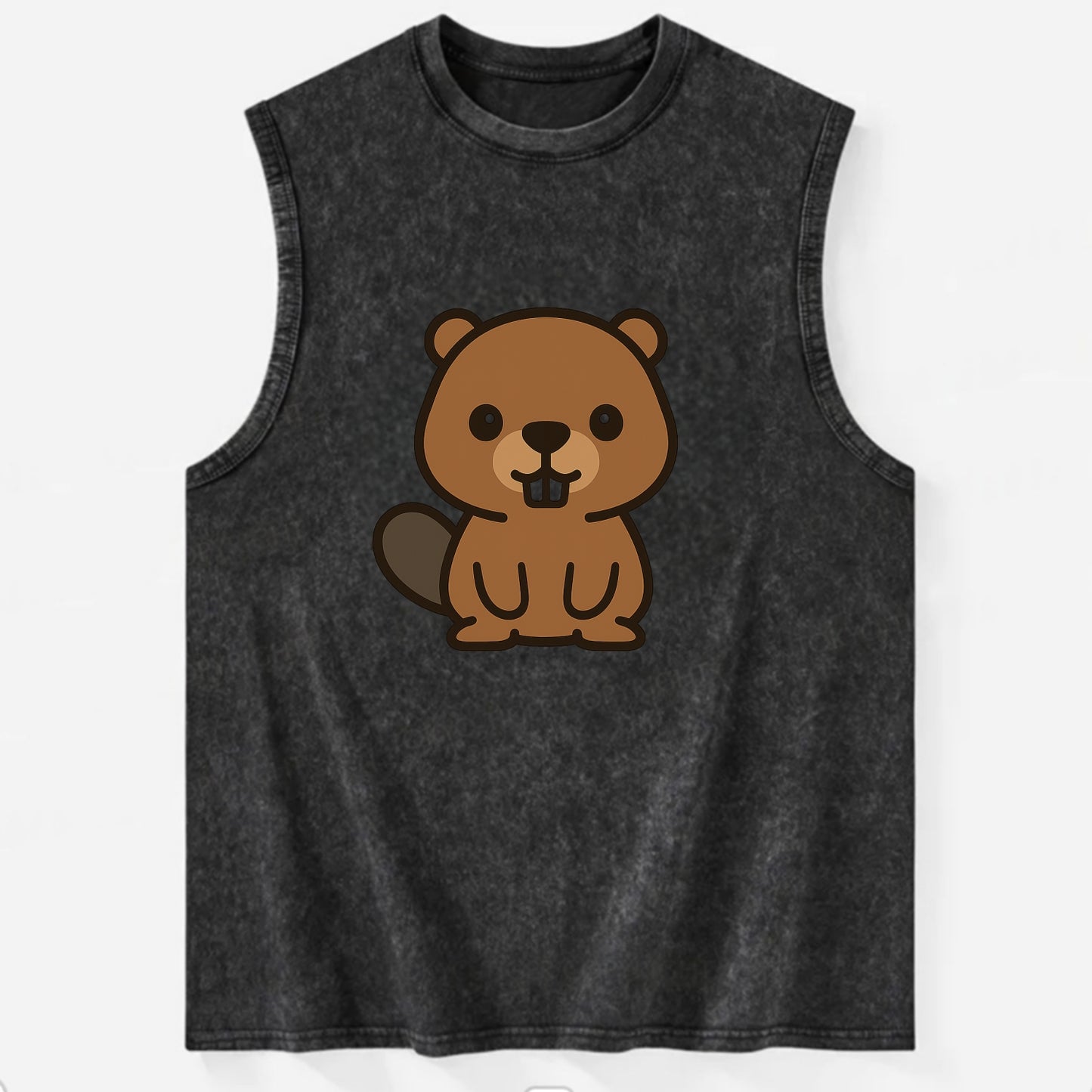 Baby Beaver - brown fur, paddle tail, buck teeth, friendly eyes, - Vintage Washed Tank - Black