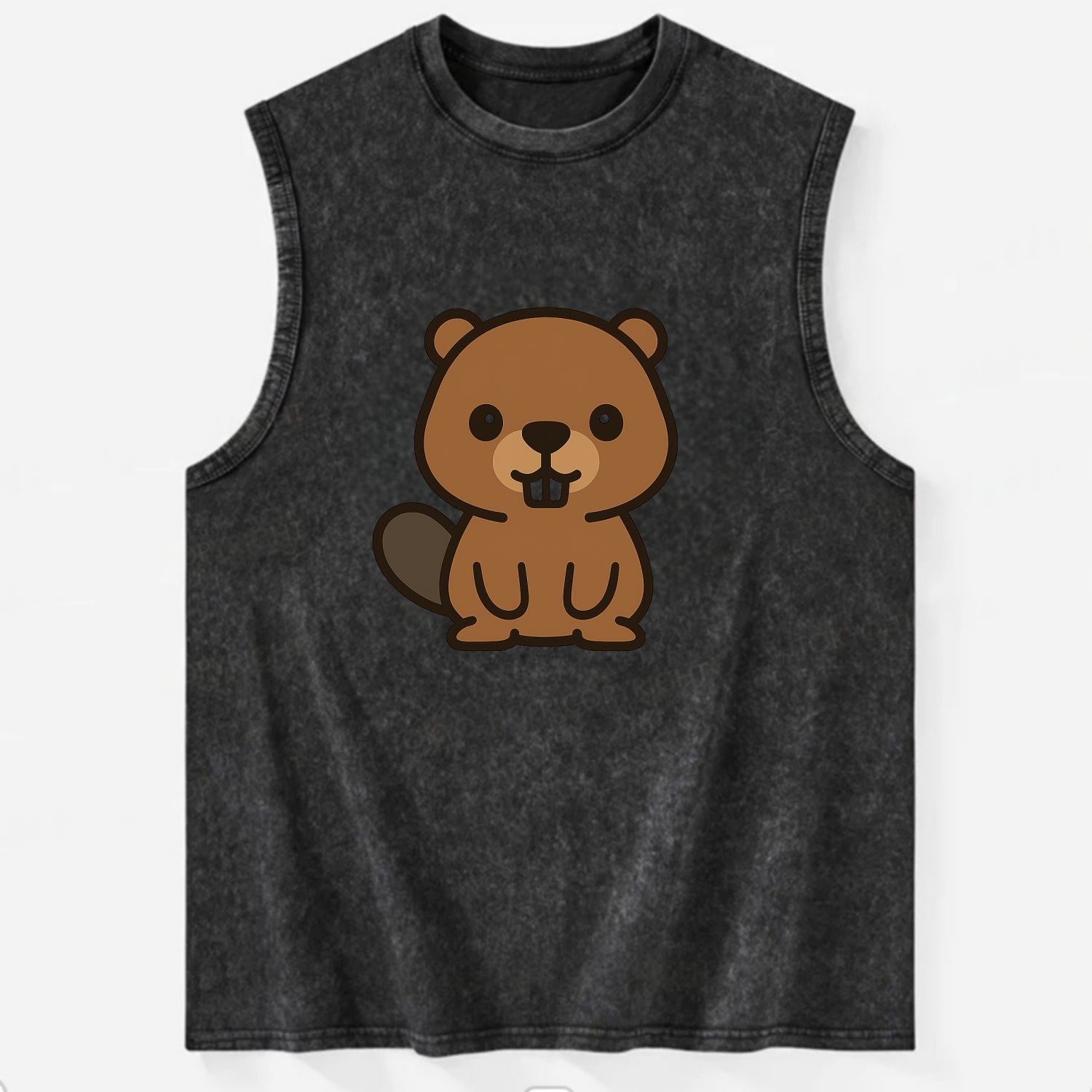 Baby Beaver - brown fur, paddle tail, buck teeth, friendly eyes, - Vintage Washed Tank - Black
