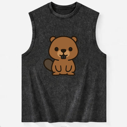 Baby Beaver - brown fur, paddle tail, buck teeth, friendly eyes, - Vintage Washed Tank - Black