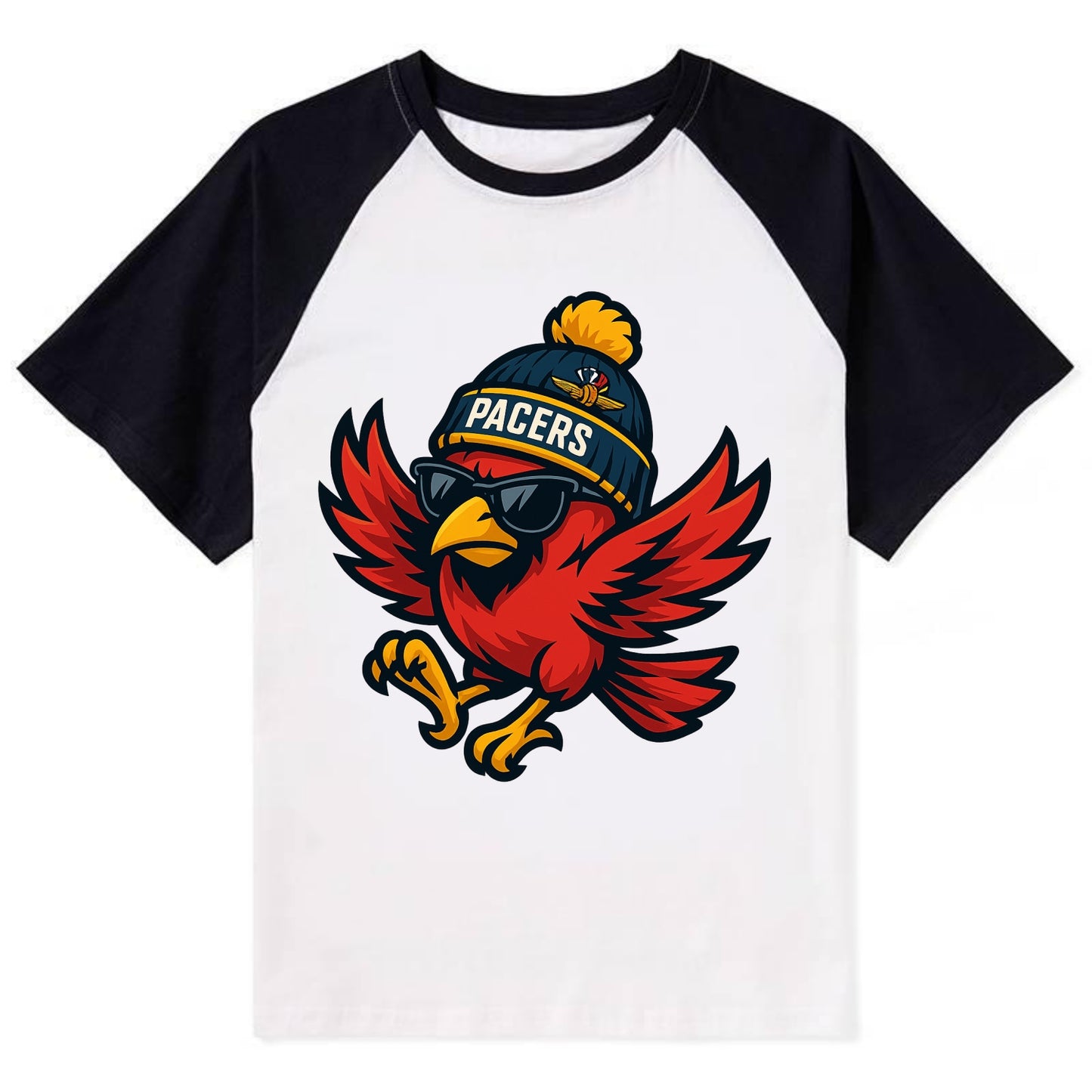 Indiana Cardinal wearing Pacers beanie with speedway patch and wayfarer - Contrast Raglan T-shirt - Black