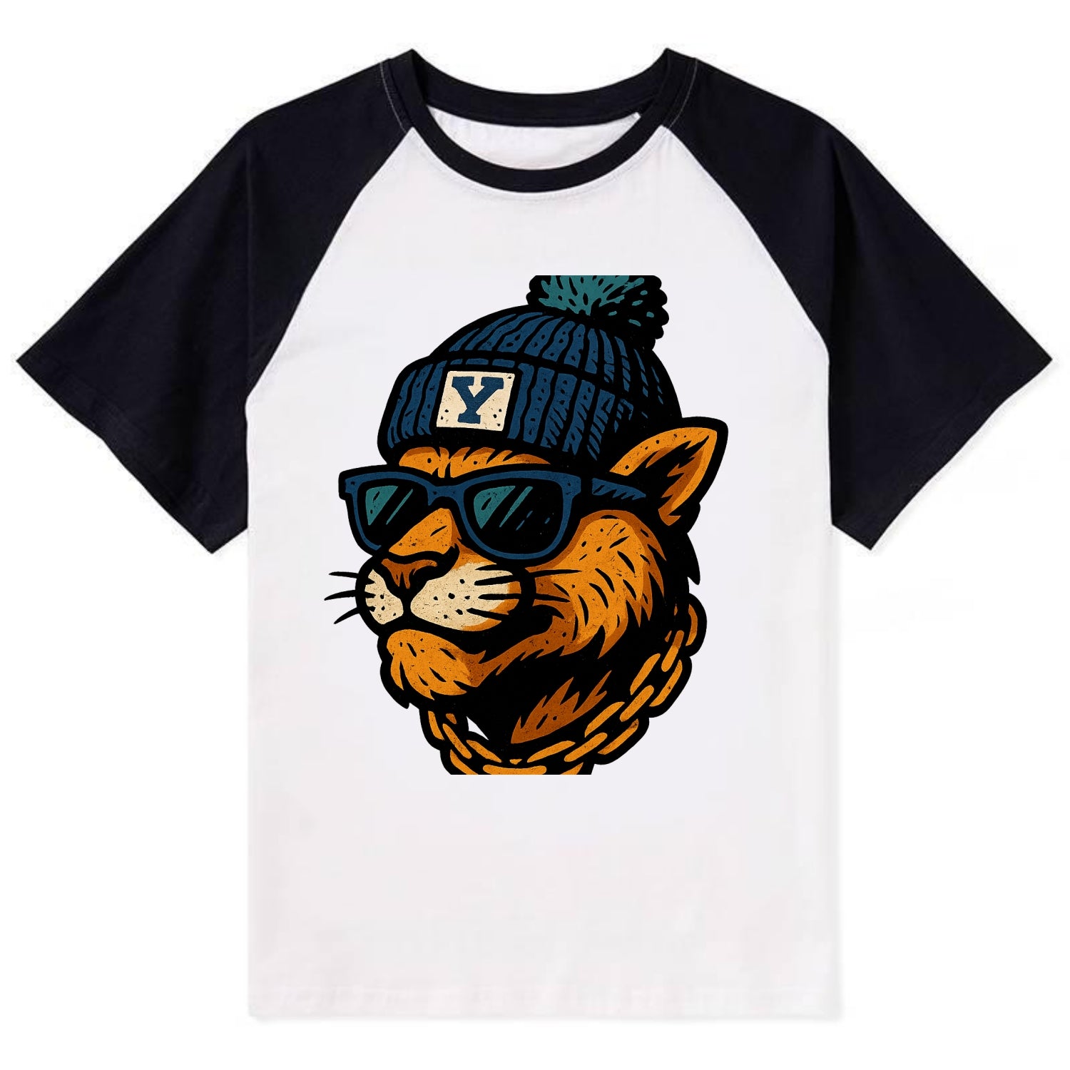 Provo Cougar wearing BYU beanie with Y patch - Contrast Raglan T-shirt - Black