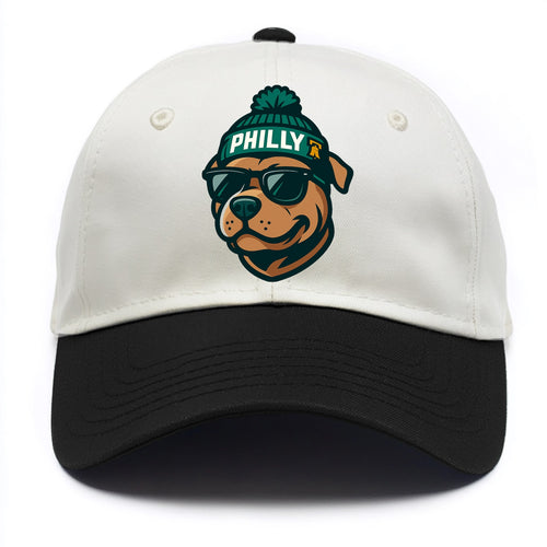 Philly Pitbull wearing Eagles beanie with Liberty Bell patch and wayfarer sunglasses - Two Tone Cap