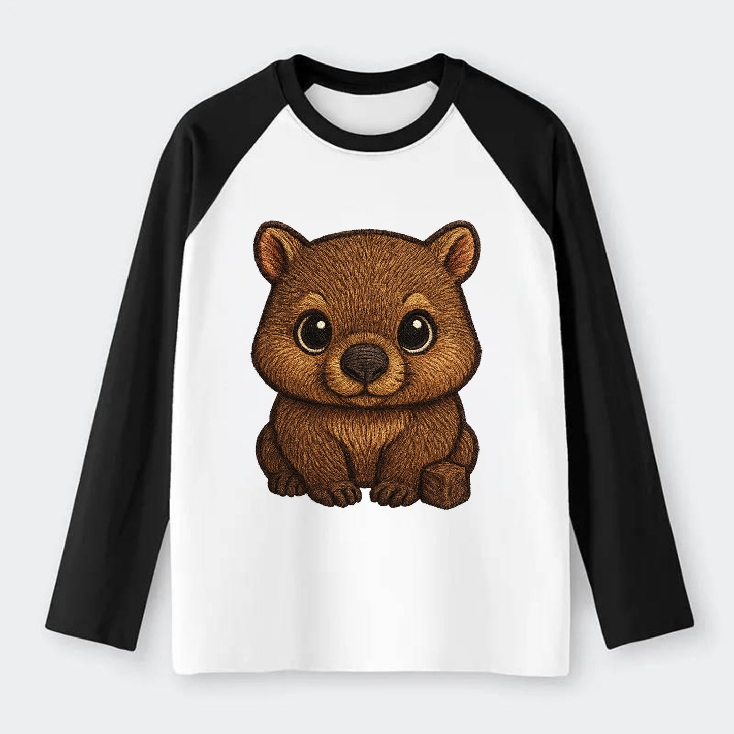 Baby Wombat - brown fur, square nose, small ears, dark eyes, - Raglan Long Sleeve T-Shirt - Black