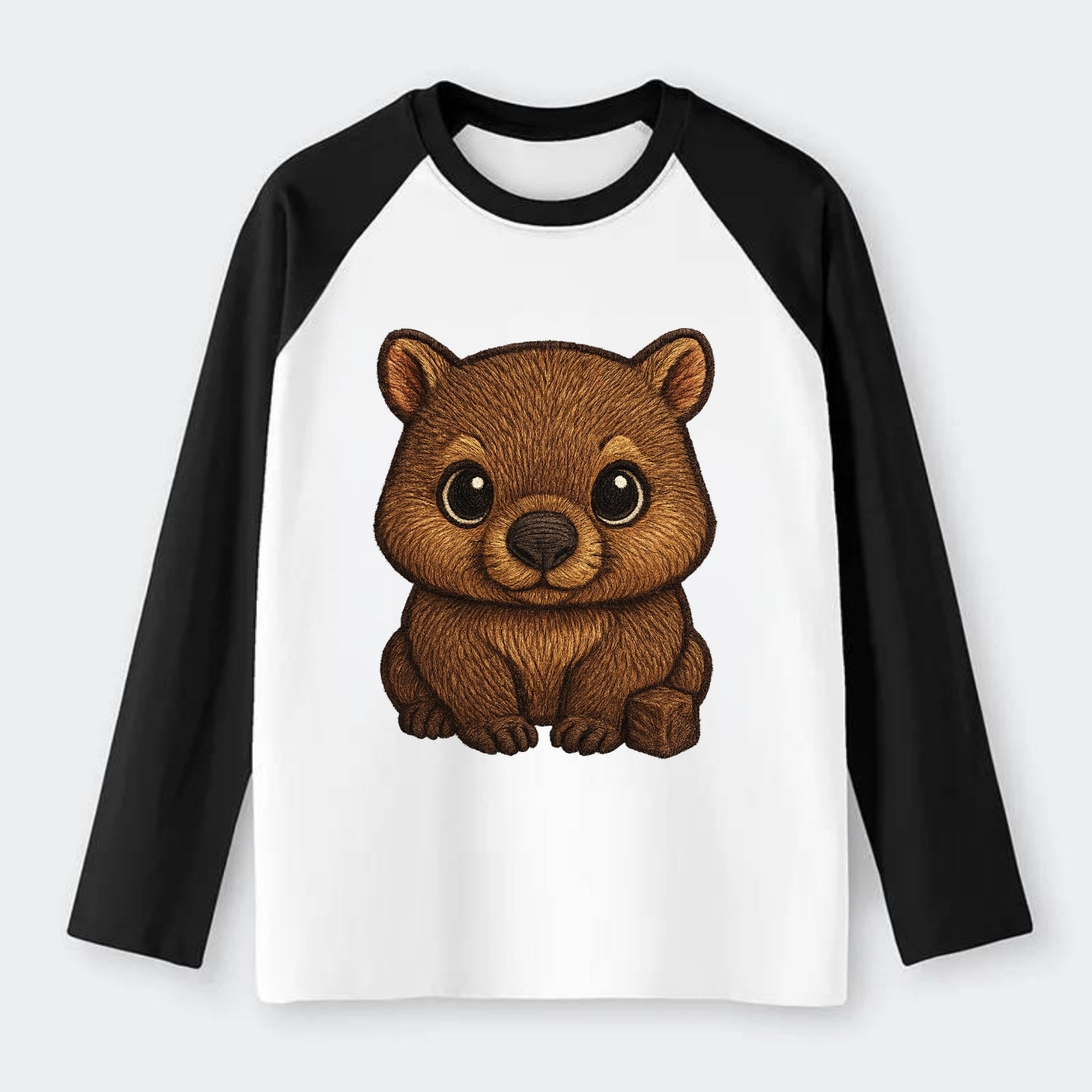 Baby Wombat - brown fur, square nose, small ears, dark eyes, - Raglan Long Sleeve T-Shirt - Black