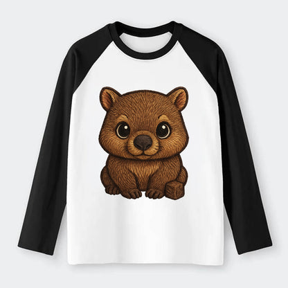 Baby Wombat - brown fur, square nose, small ears, dark eyes, - Raglan Long Sleeve T-Shirt - Black