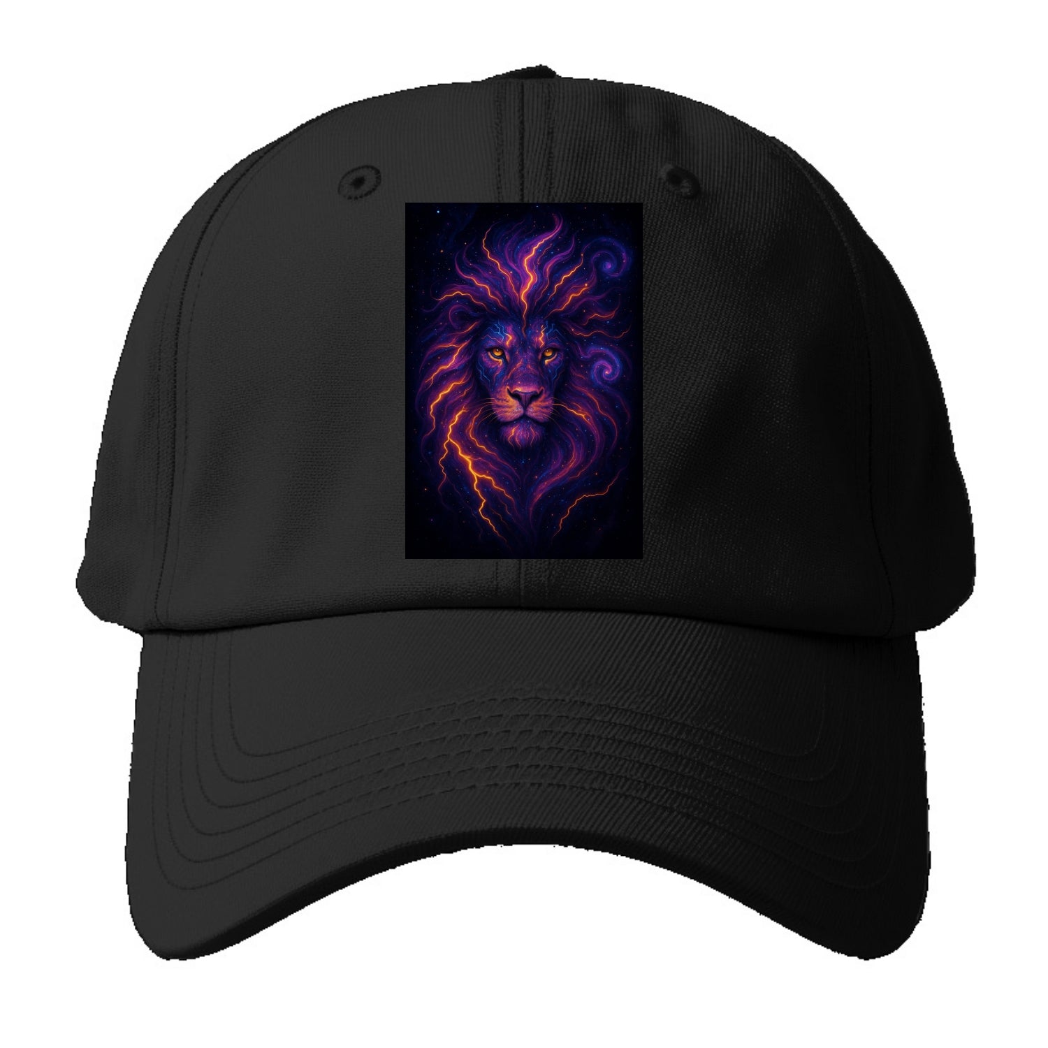 Regal lion with mane made of electric currents, neon yellow and hot pink energy - Baseball Cap - Black