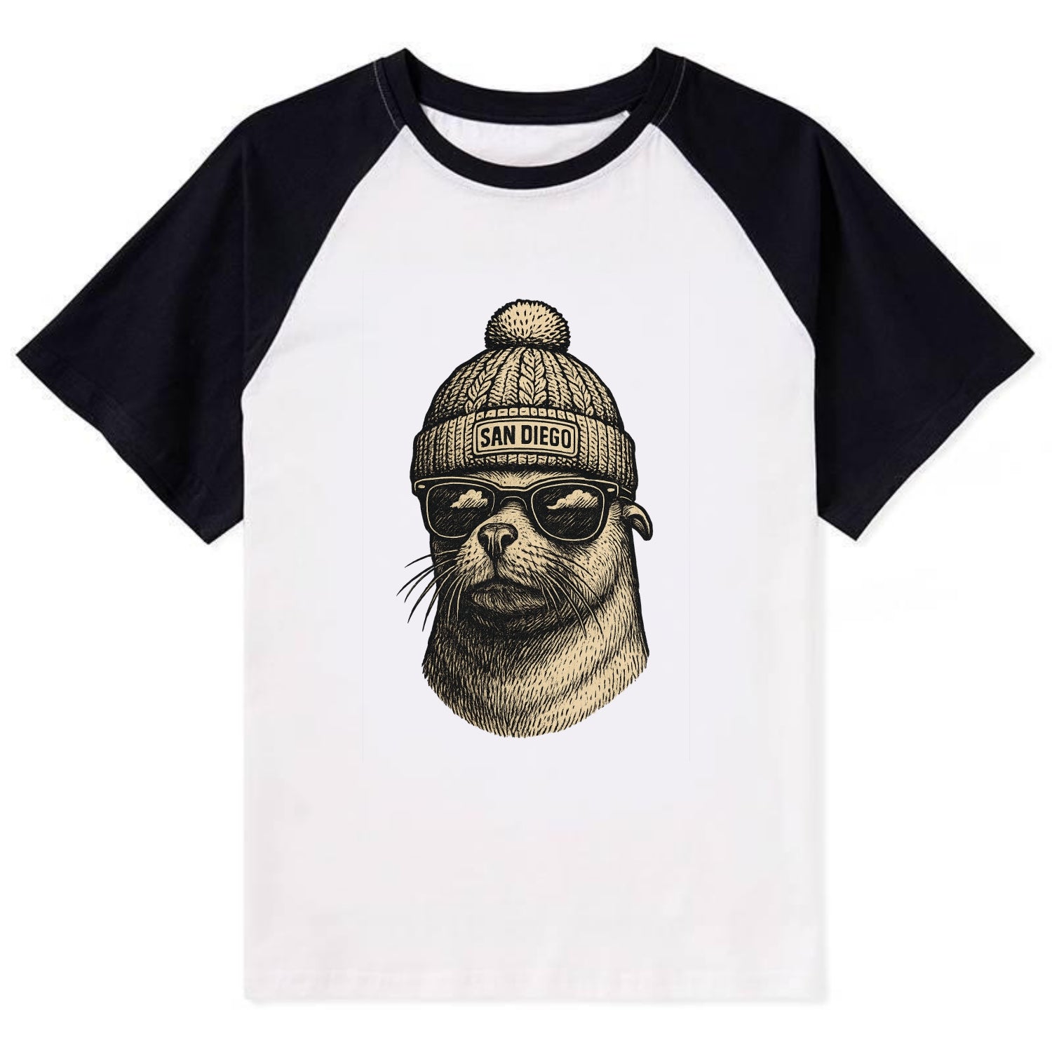 San Diego Sea Lion wearing San Diego beanie with pom pom and wayfarer - Contrast Raglan T-shirt - Black