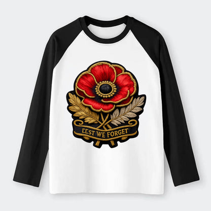 MEMORIAL POPPY - red poppy flower in scarlet , remembrance - Raglan Long Sleeve T-Shirt - Black