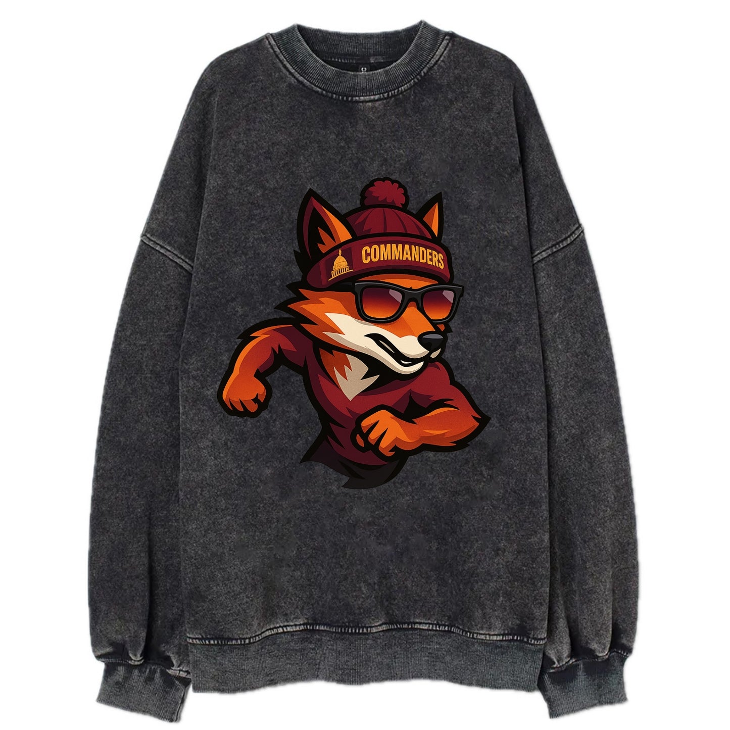 Washington Fox wearing Commanders beanie with Capitol patch and wayfarer - Vintage Sweatshirt - Black