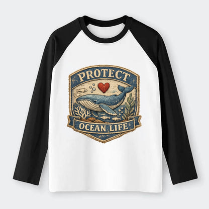 PROTECT OCEAN LIFE - whale with heart in blue , marine conservation - Raglan Long Sleeve T-Shirt - Black