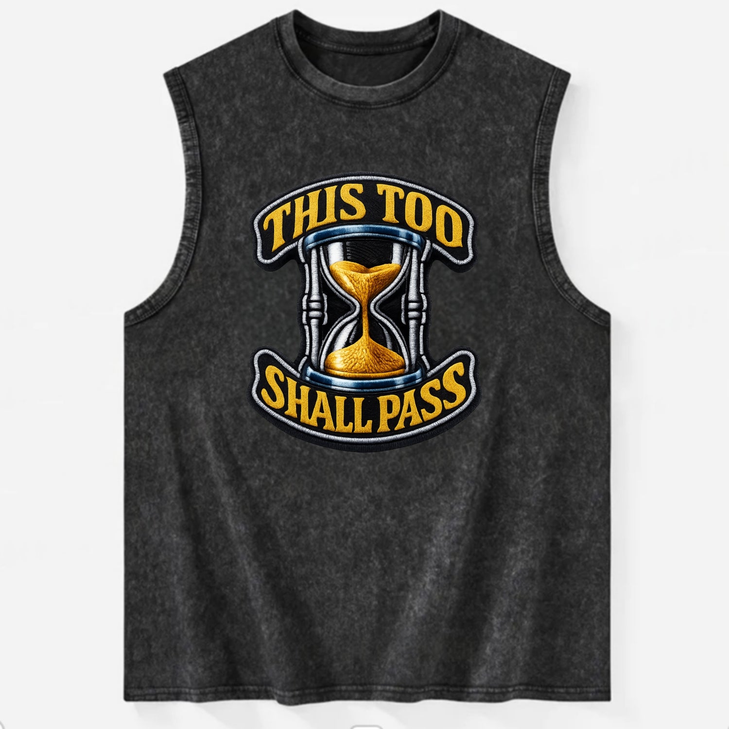 THIS TOO SHALL PASS - hourglass with text in gold , perspective - Vintage Washed Tank - Black