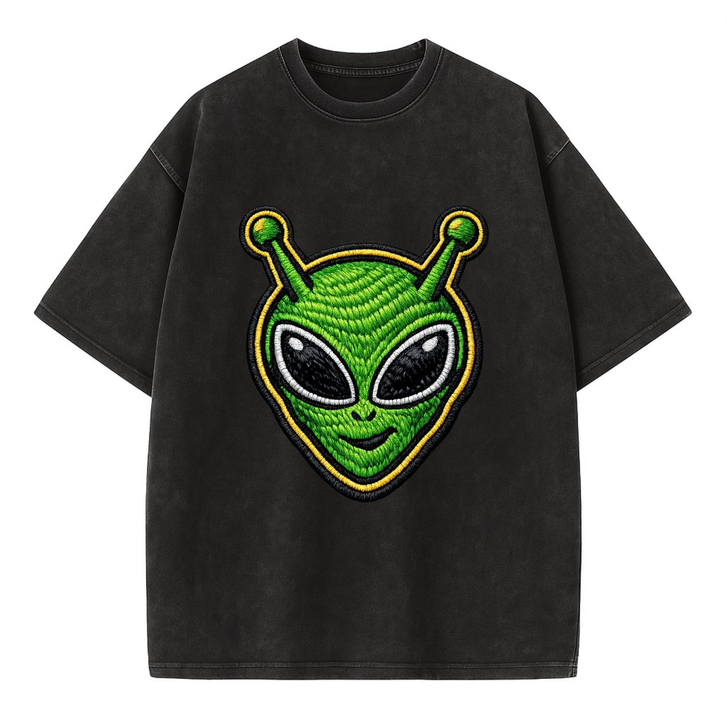 ALIEN MARTIAN - green alien with antenna in green , little green man - Vintage T-shirt - Black