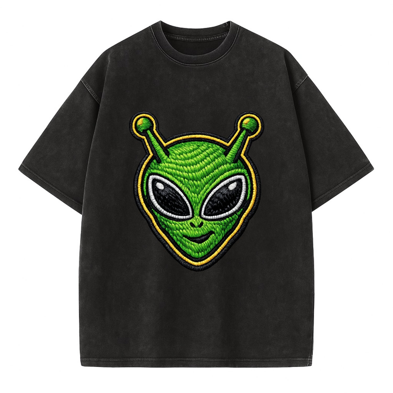 ALIEN MARTIAN - green alien with antenna in green , little green man - Vintage T-shirt - Black