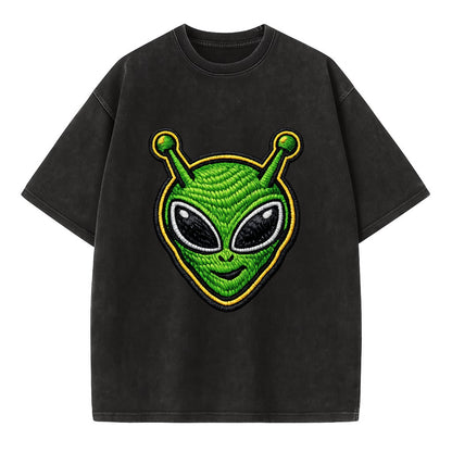 ALIEN MARTIAN - green alien with antenna in green , little green man - Vintage T-shirt - Black