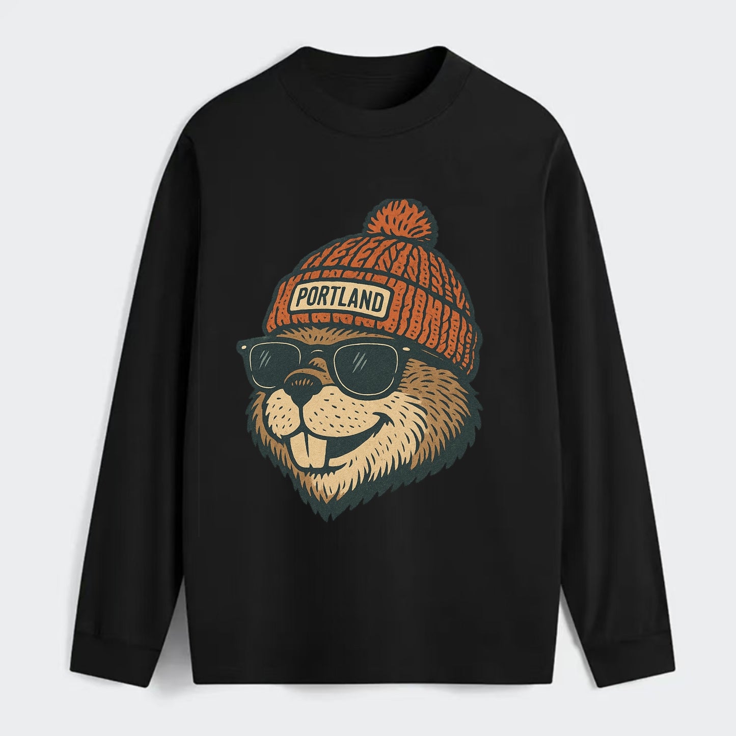 Oregon Beaver wearing Portland beanie with pom pom and wayfarer - Classic Long Sleeve Shirt - Black