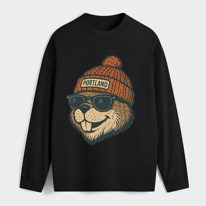 Oregon Beaver wearing Portland beanie with pom pom and wayfarer - Classic Long Sleeve Shirt - Black