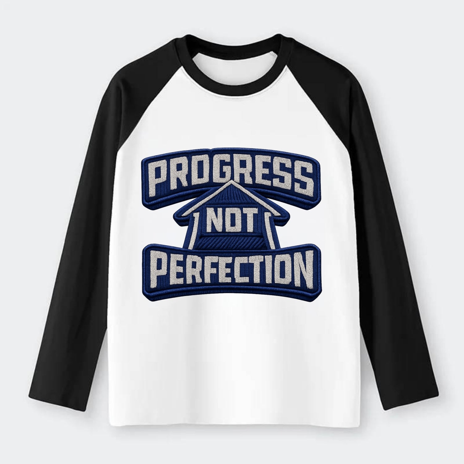 PROGRESS NOT PERFECTION - arrow with text in blue , growth mindset - Raglan Long Sleeve T-Shirt - Black