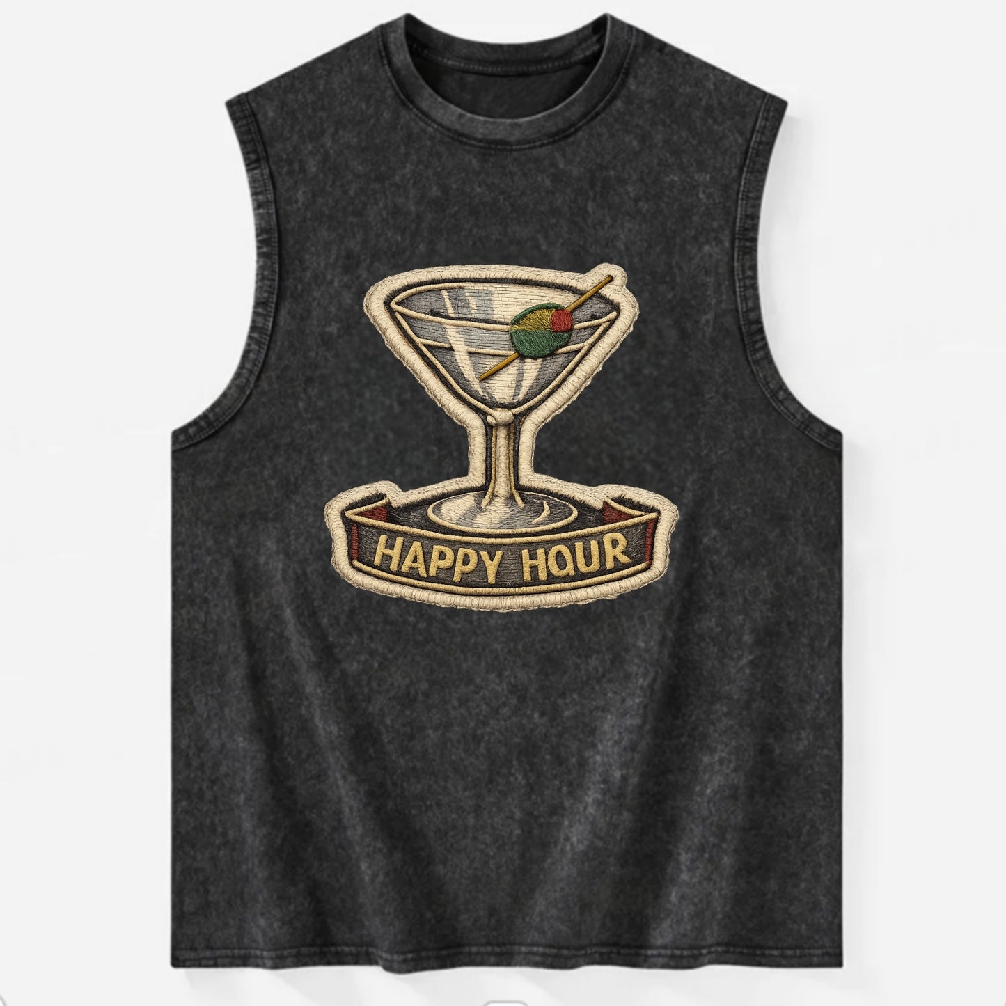 COCKTAIL MARTINI - martini glass with olive in silver and green , happy hour - Vintage Washed Tank - Black
