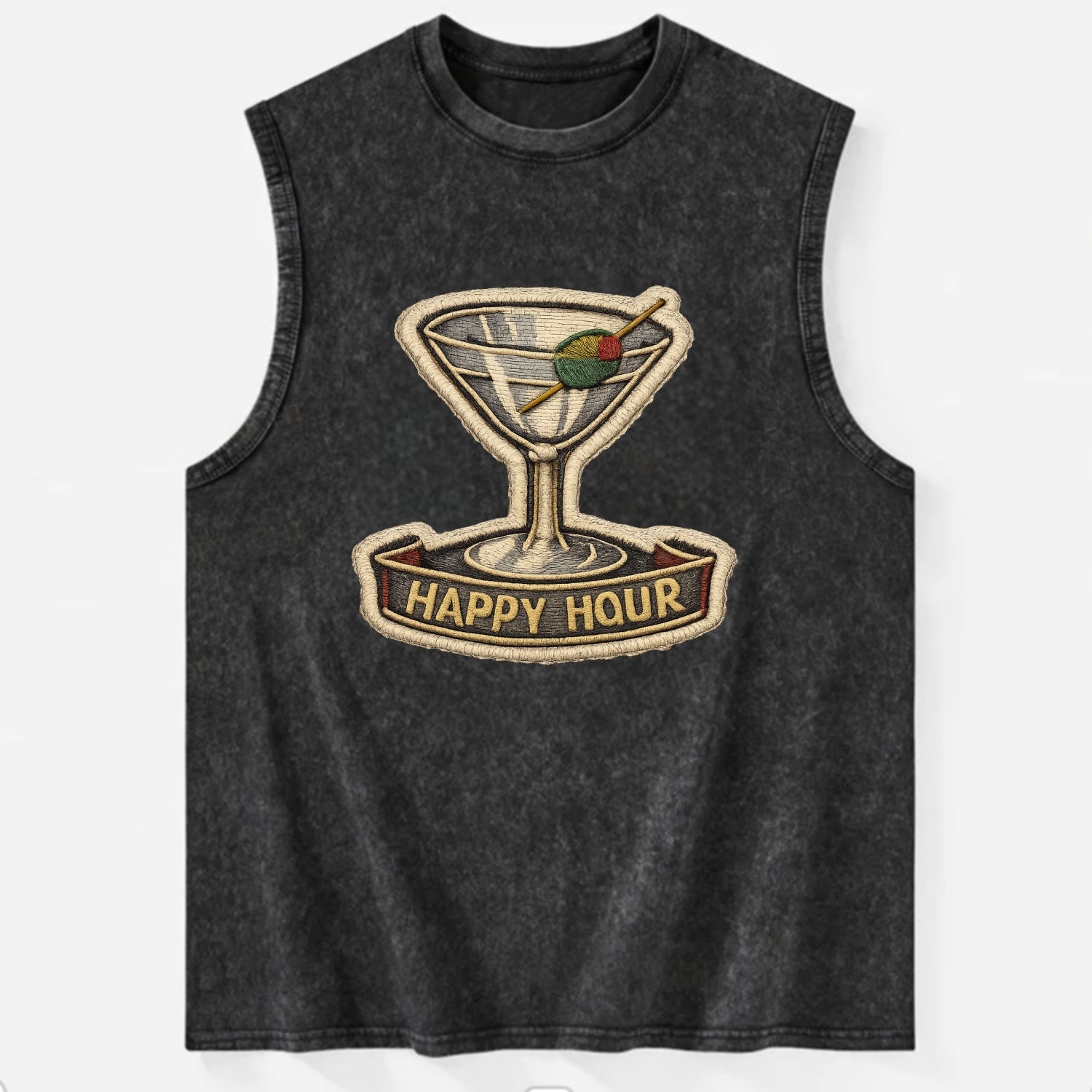 COCKTAIL MARTINI - martini glass with olive in silver and green , happy hour - Vintage Washed Tank - Black