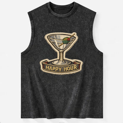 COCKTAIL MARTINI - martini glass with olive in silver and green , happy hour - Vintage Washed Tank - Black