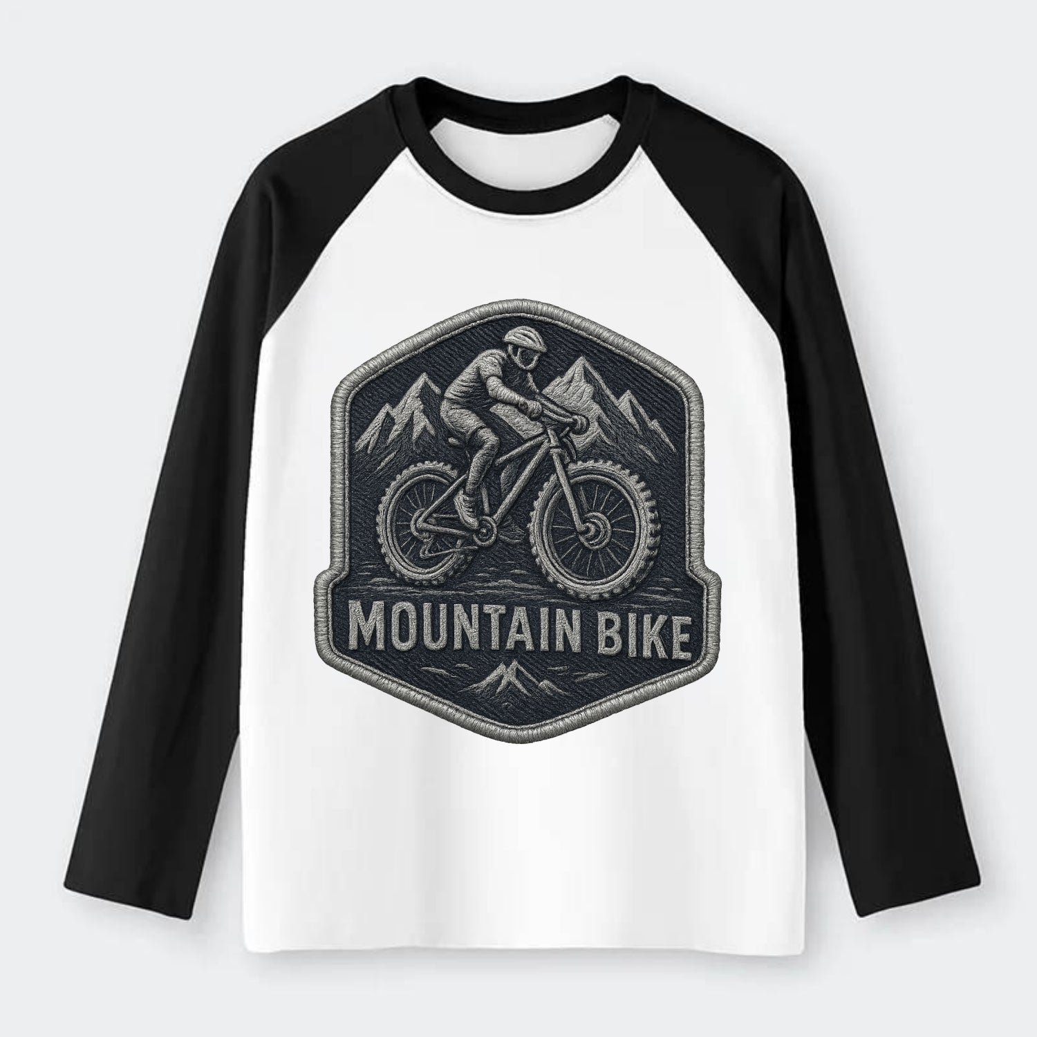 Mountain bike with rugged tires - cyclist badge - Raglan Long Sleeve T-Shirt - Black