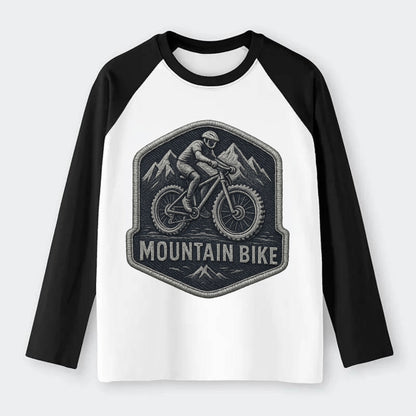 Mountain bike with rugged tires - cyclist badge - Raglan Long Sleeve T-Shirt - Black