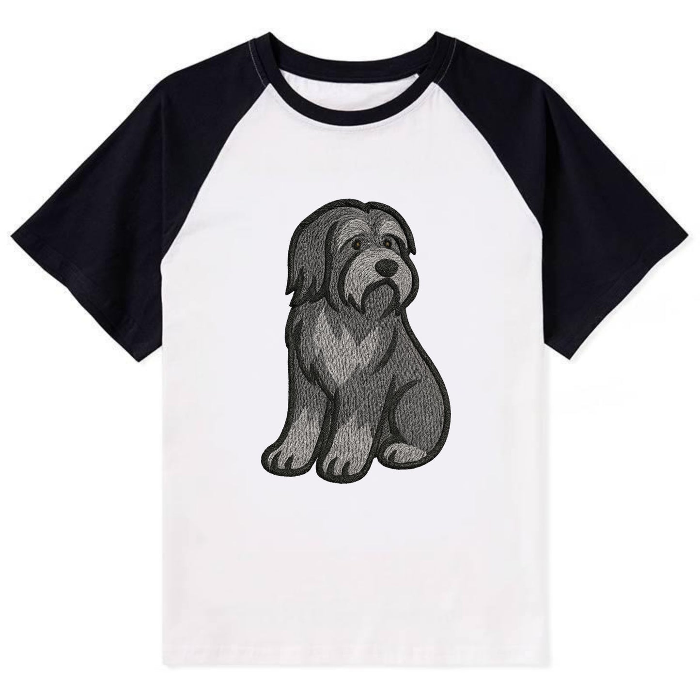 Bearded Collie - Gray shaggy coat embroidered pose - Contrast Raglan T-shirt - Black