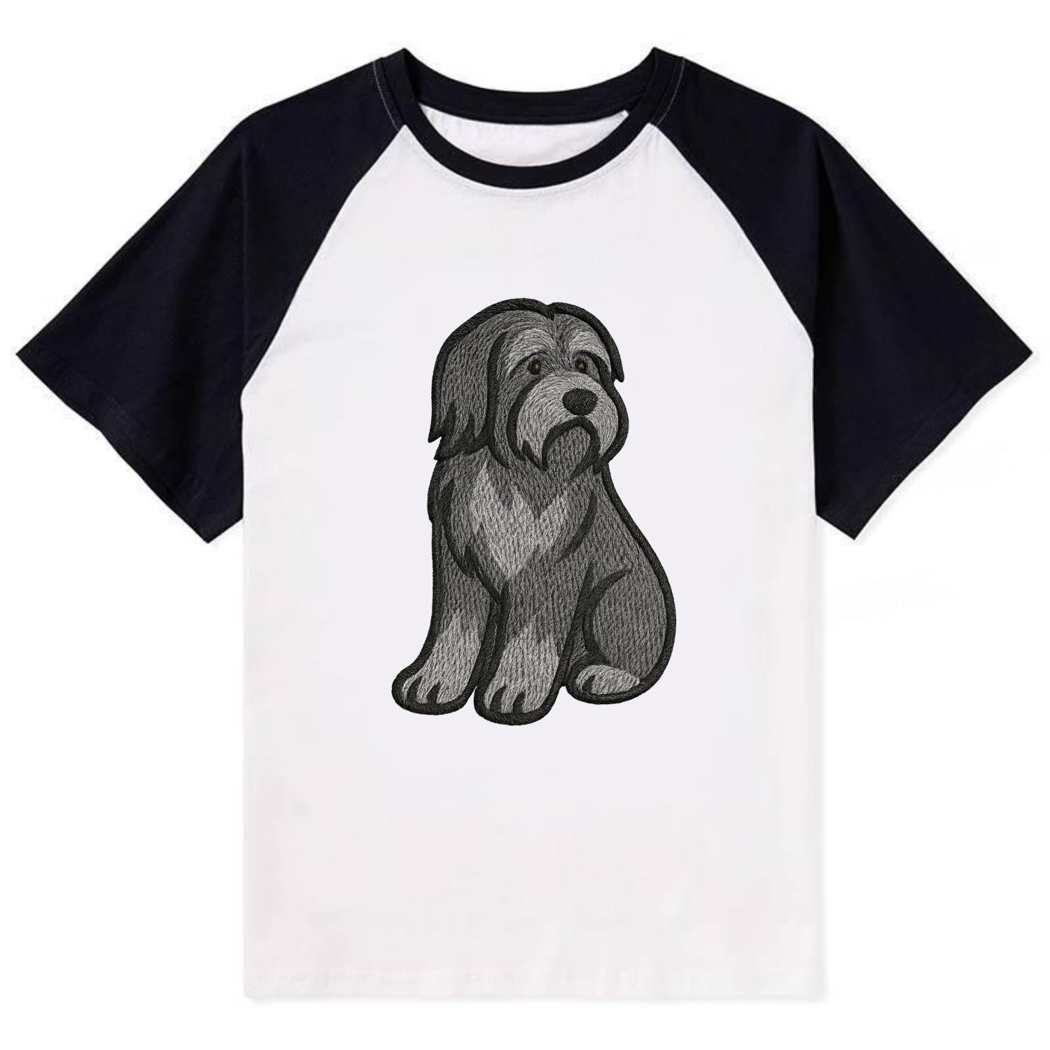 Bearded Collie - Gray shaggy coat embroidered pose - Contrast Raglan T-shirt - Black