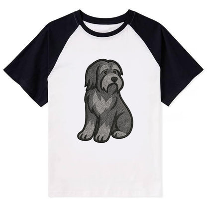 Bearded Collie - Gray shaggy coat embroidered pose - Contrast Raglan T-shirt - Black