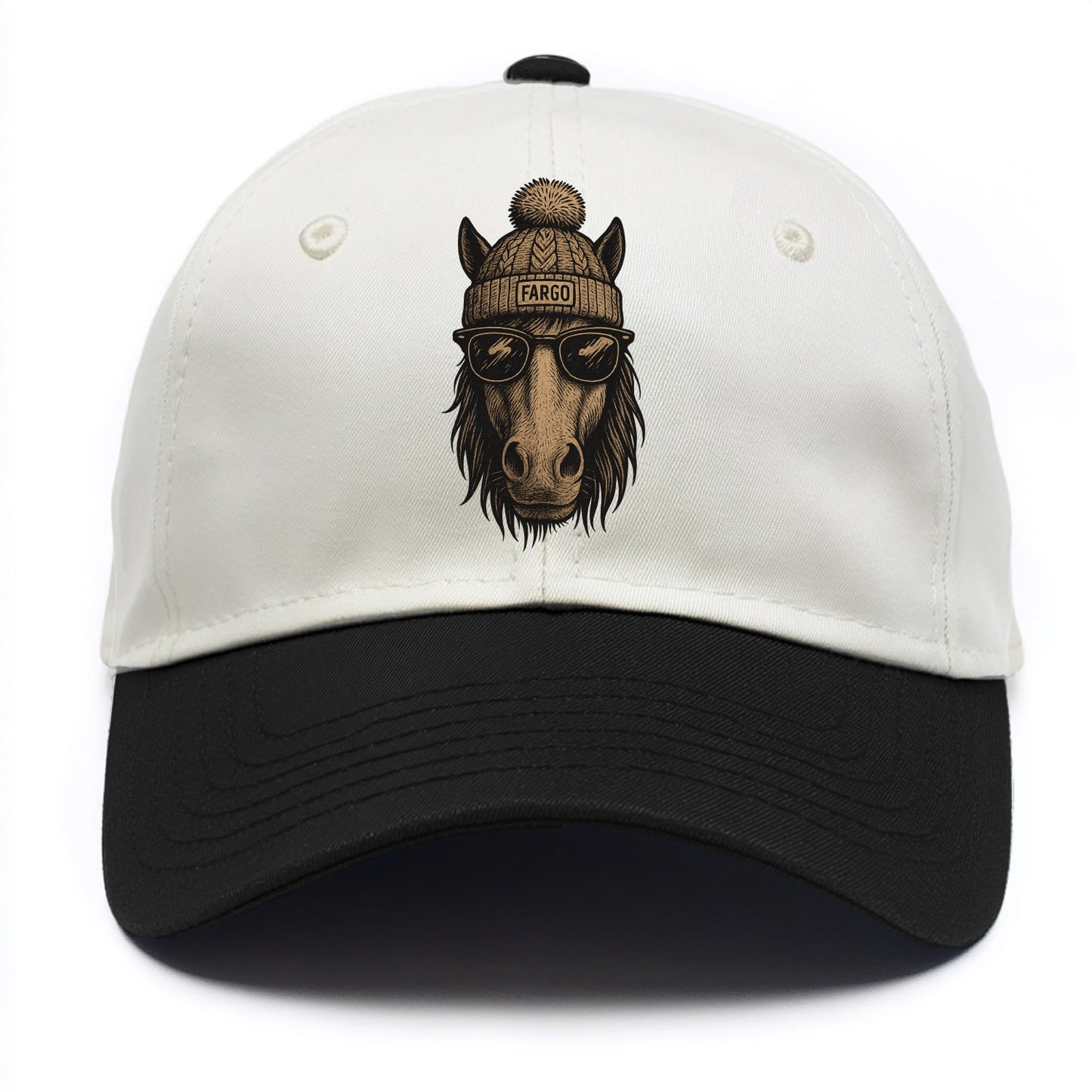 North Dakota Nokota Horse wearing Fargo beanie with pom pom and wayfarer sunglasses - Two Tone Cap - Black