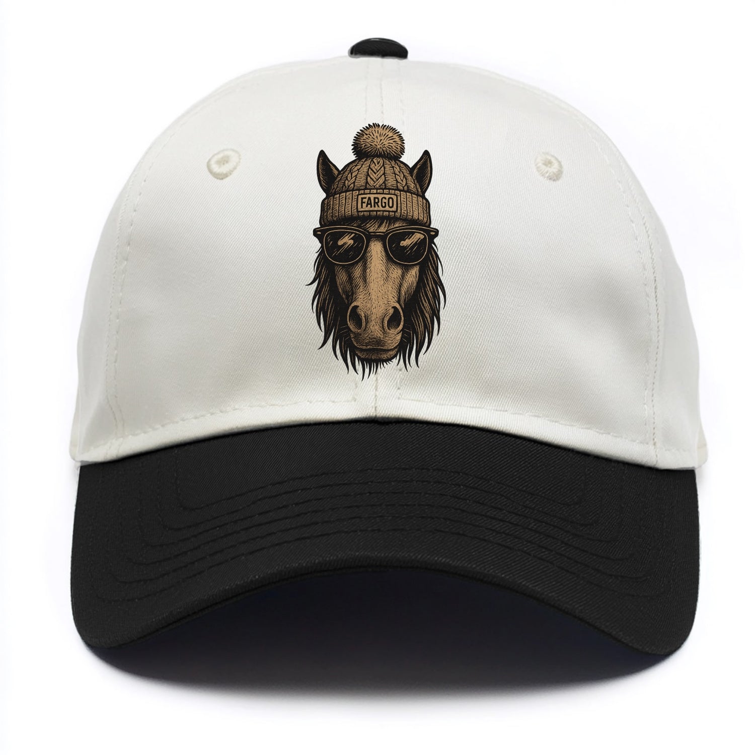 North Dakota Nokota Horse wearing Fargo beanie with pom pom and wayfarer sunglasses - Two Tone Cap - Black