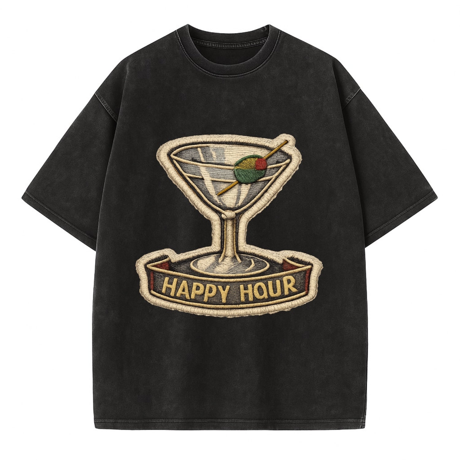 COCKTAIL MARTINI - martini glass with olive in silver and green , happy hour - Vintage T-shirt - Black