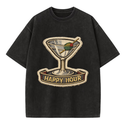 COCKTAIL MARTINI - martini glass with olive in silver and green , happy hour - Vintage T-shirt - Black