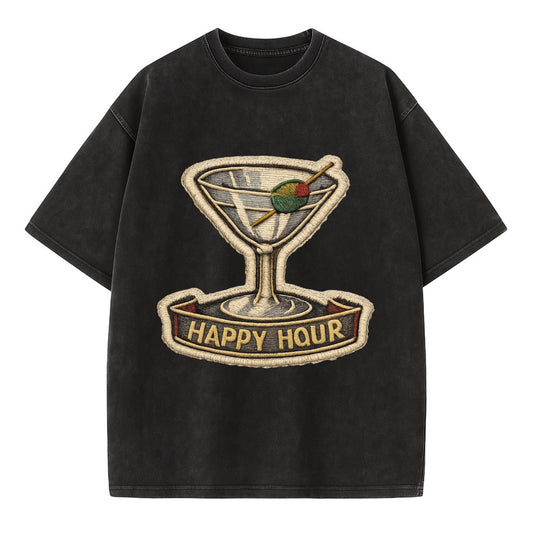 COCKTAIL MARTINI - martini glass with olive in silver and green , happy hour - Vintage T-shirt - Black