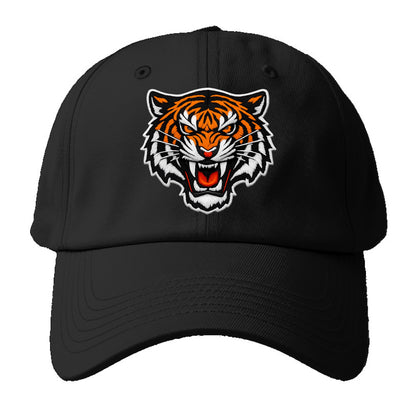 TIGER STRIPES FACE - fierce tiger face in orange, black and white , predator power - Baseball Cap - Black