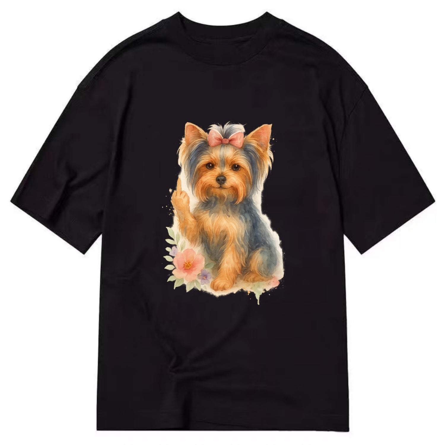Yorkshire Terrier with topknot bow, one delicate paw flipping off - Classic T-shirt - Black