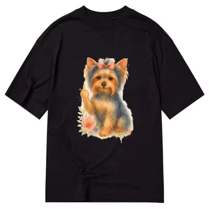 Yorkshire Terrier with topknot bow, one delicate paw flipping off - Classic T-shirt - Black