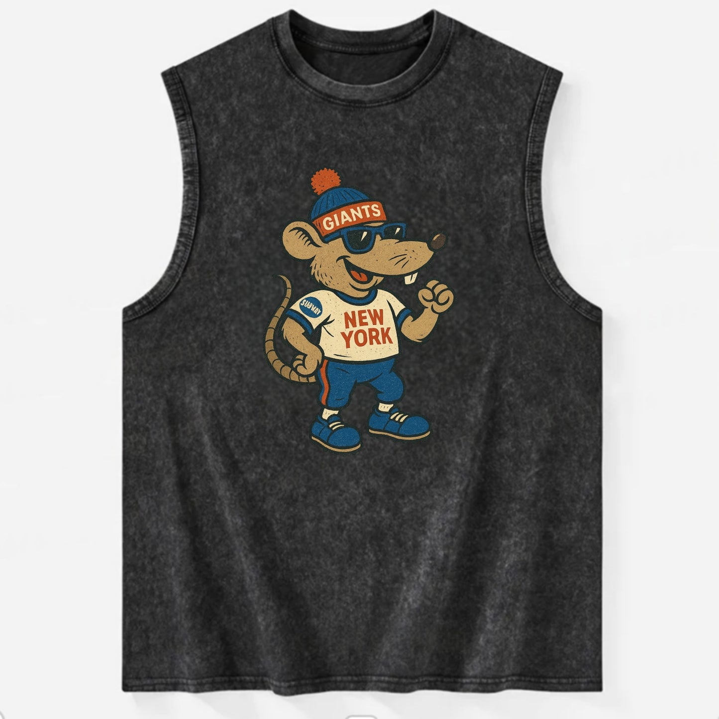 New York Rat wearing Giants beanie with subway patch and wayfarer sunglasses - Vintage Washed Tank - Black