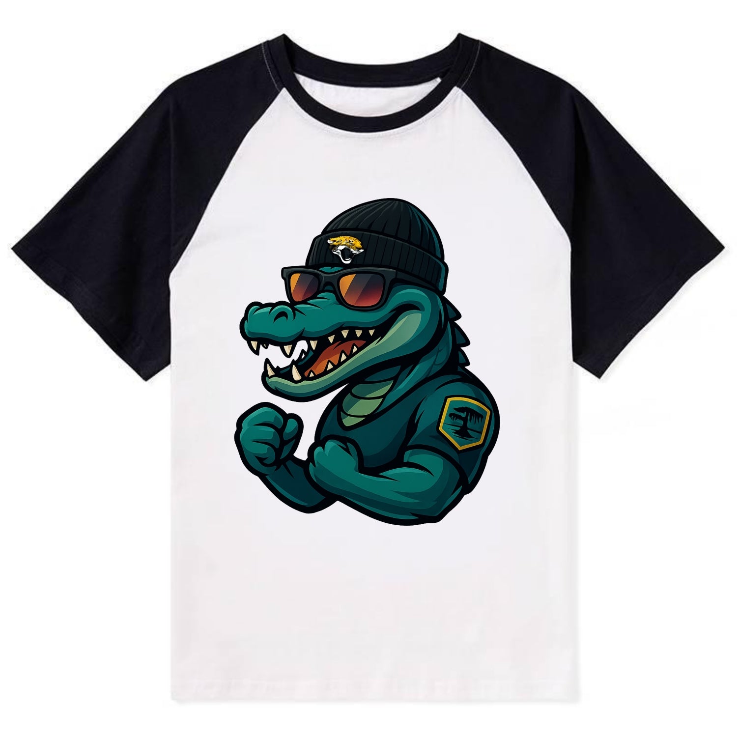 Jacksonville Alligator wearing Jaguars beanie with swamp patch and - Contrast Raglan T-shirt - Black