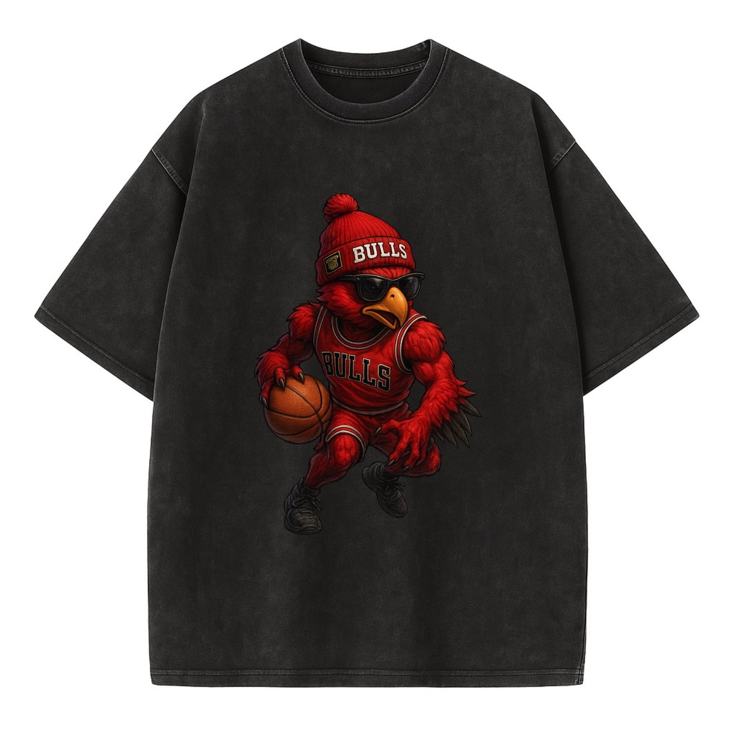 Windy City Hawk wearing Bulls beanie with six rings patch and wayfarer sunglasses - Vintage T-shirt - Black