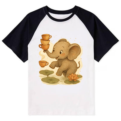 Elephant balancing teacups during a floating tea ceremony beside lotus - Contrast Raglan T-shirt - Black